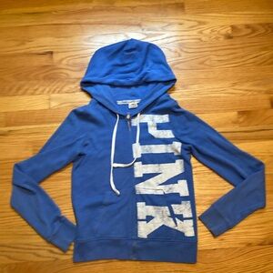 PINK Victoria's Secret Blue Zip Hoodie with White Logo